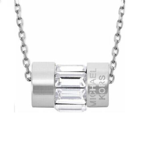 Michael Kors Silver Tone Crystal Baguette Barrel Pendant Necklace MKJ4950