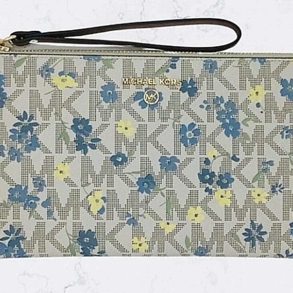 Michael Kors Zip Clutch Wristlet Bag Vanilla/luggage/floral MK Logo
