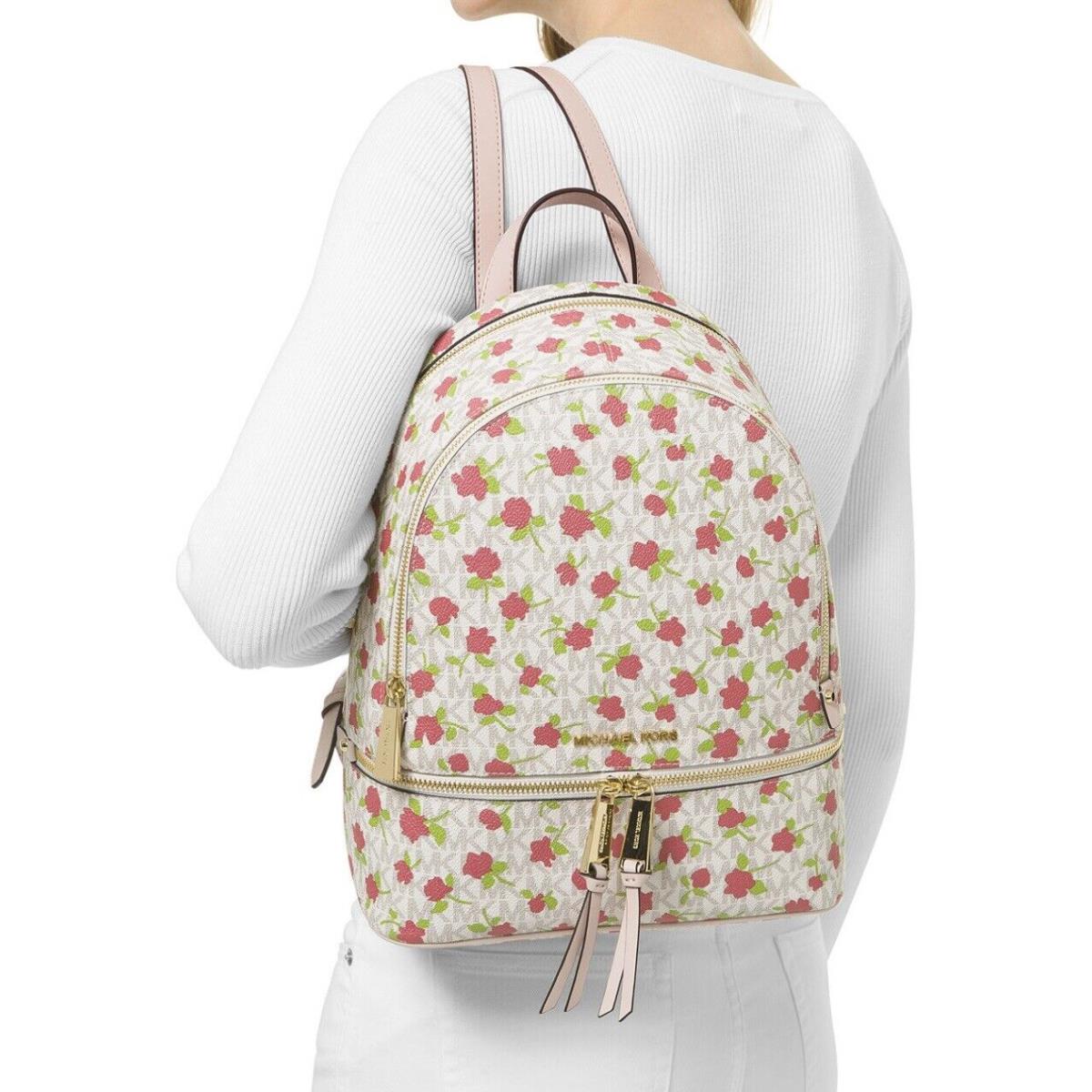 Michael Kors Rhea Zip Medium Backpack Vanilla Multi Color with Flowers
