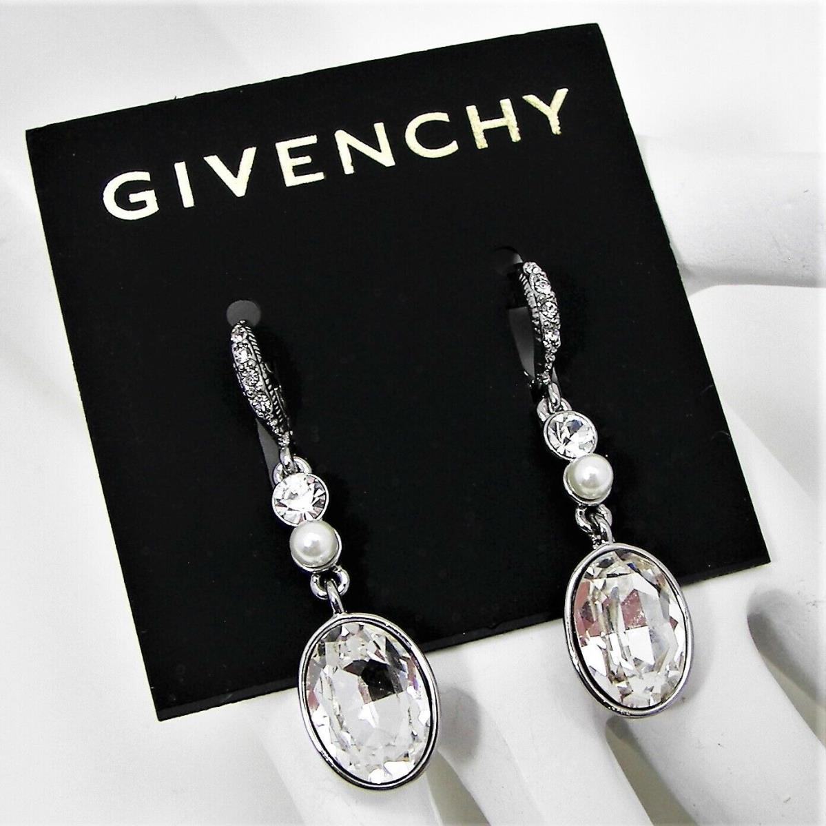 Givenchy Oval Crystal Pearl Earrings Nickel Free Silver Tone Glam Bling