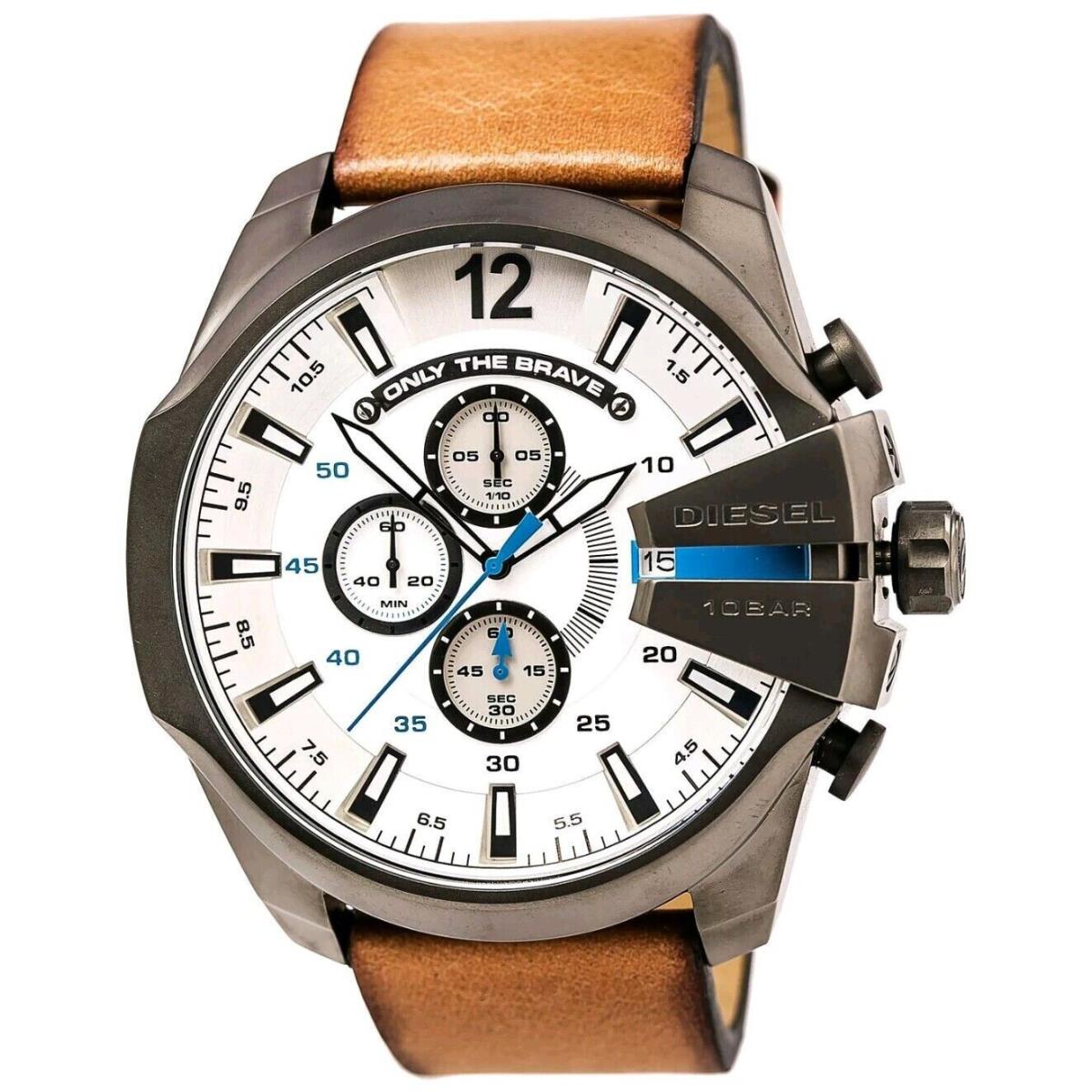 Diesel Men`s Mega Chief Chronograph Brown Leather Band Watch DZ4280 NO Box - Dial: White, Band: Brown, Bezel: Black