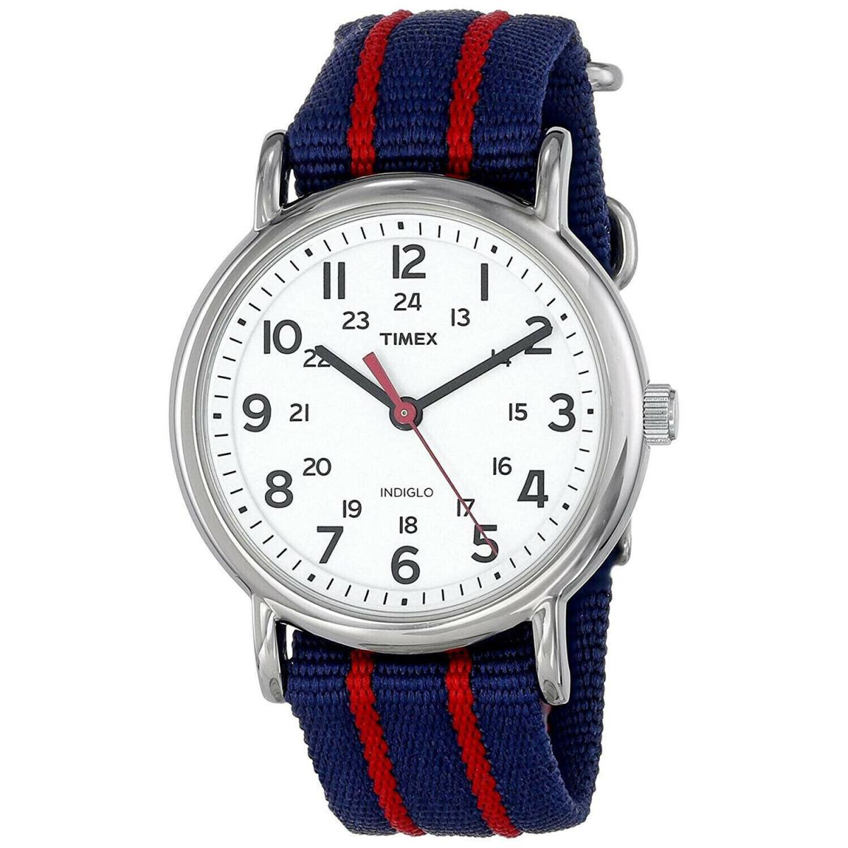 Timex T2N747 Weekender Slip Thru Blue and Red Stripe Nylon Strap Watch