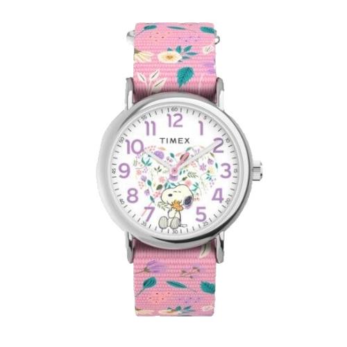 Timex Weekender x Peanuts In Bloom 38mm Fabric Strap Women`s Watch TW2V77800 - Dial: White, Band: Pink, Bezel: Silver