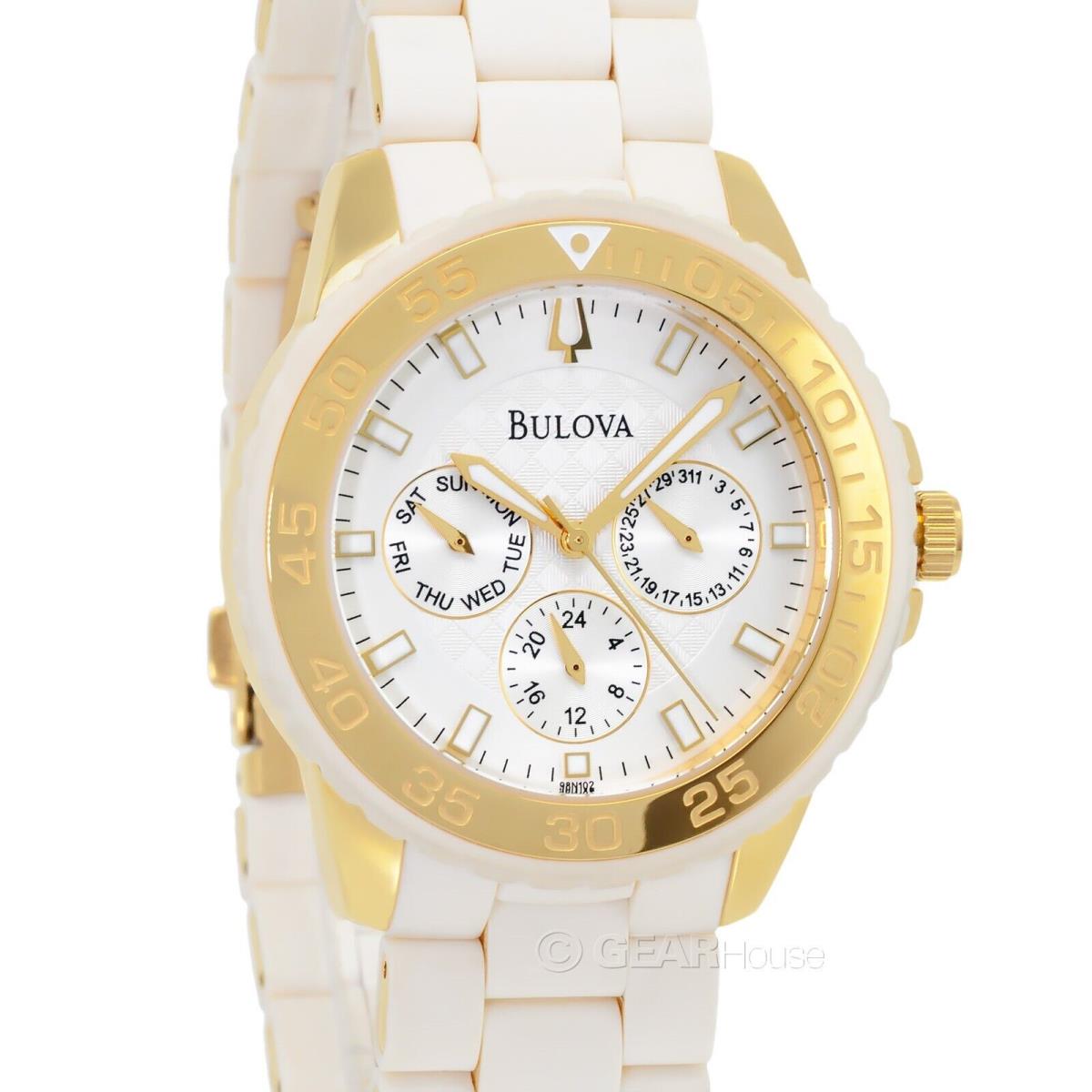 Bulova Womens Gold Multifunction Watch Silver Dial Off White Silicone Band