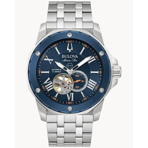 Bulova Marine Star Automatic Blue Dial Open Heart Men`s Watch 98A302