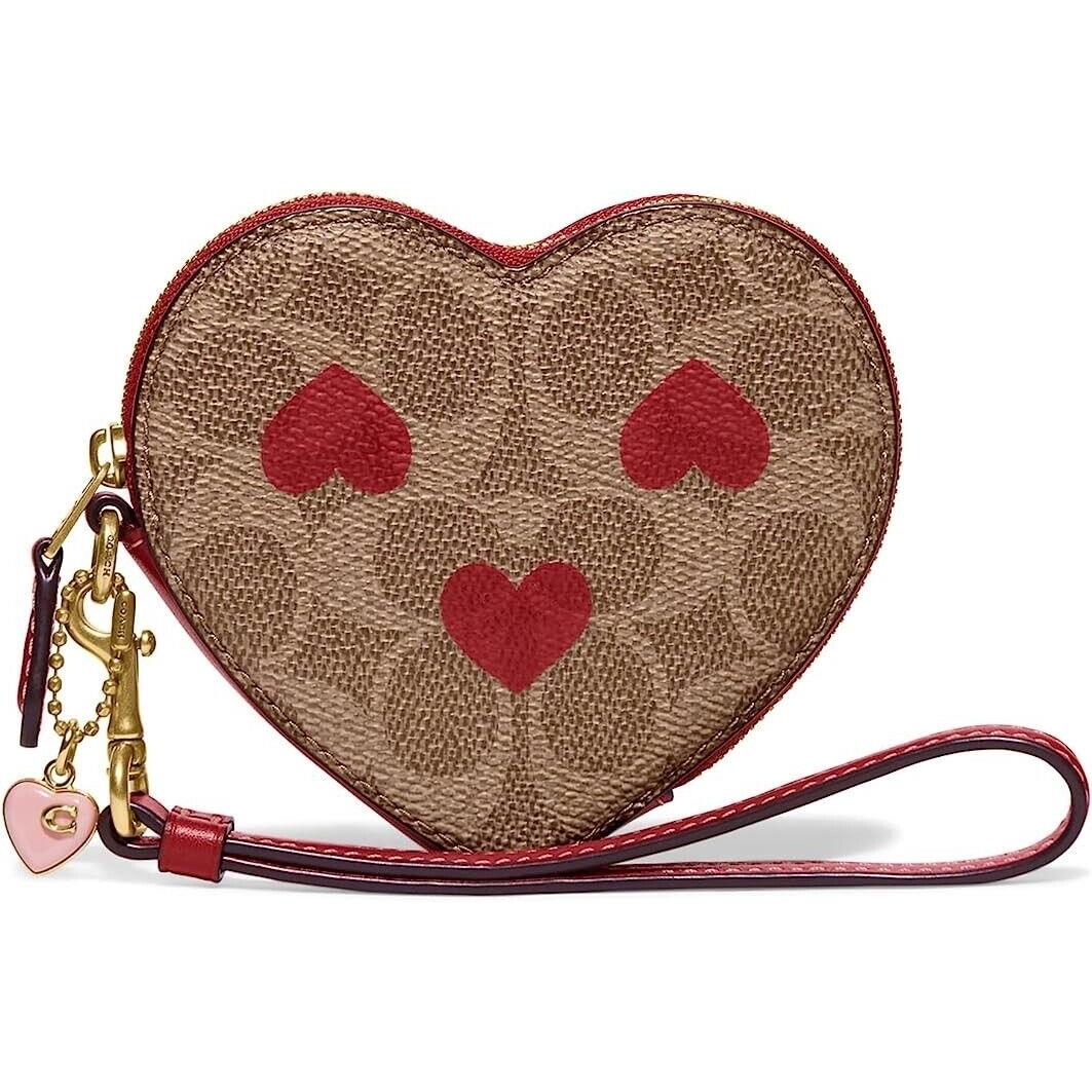 Coach Canvas Signature with Heart Print Heart Wristlet Tan Red Apple One Size
