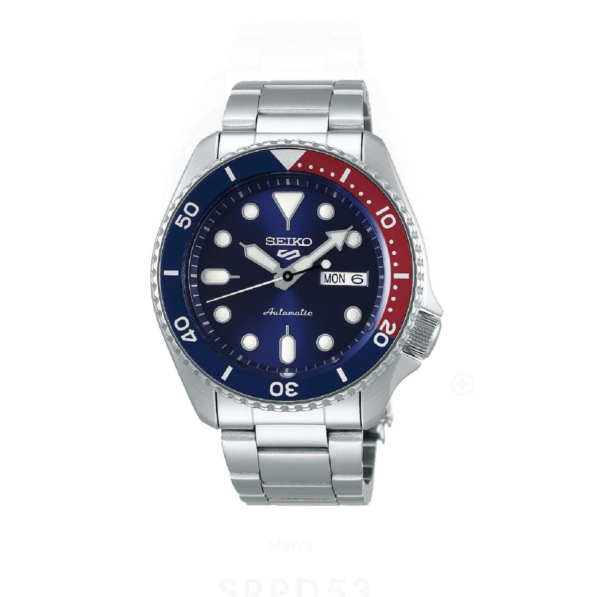 Seiko 5 Automatic Blue Dial Pepsi Bezel Steel Bracelet Men`s Watch SRPD53