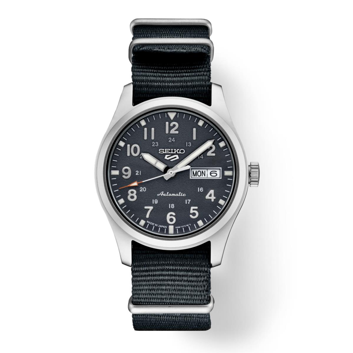 Seiko 5 Sports SRPG31 39mm Gray Dial Nylon Steel Day Date Automatic Men`s Watch - Gray Dial, Blue-Gray Band, Silver Bezel