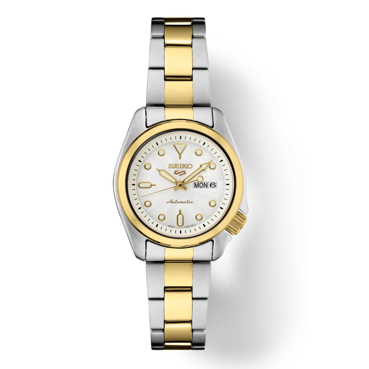 Seiko 5 Sports SRE004 28 mm Steel Two Tone Day Date Automatic Women`s Watch - Silver Dial, Gold Band, Gold Bezel