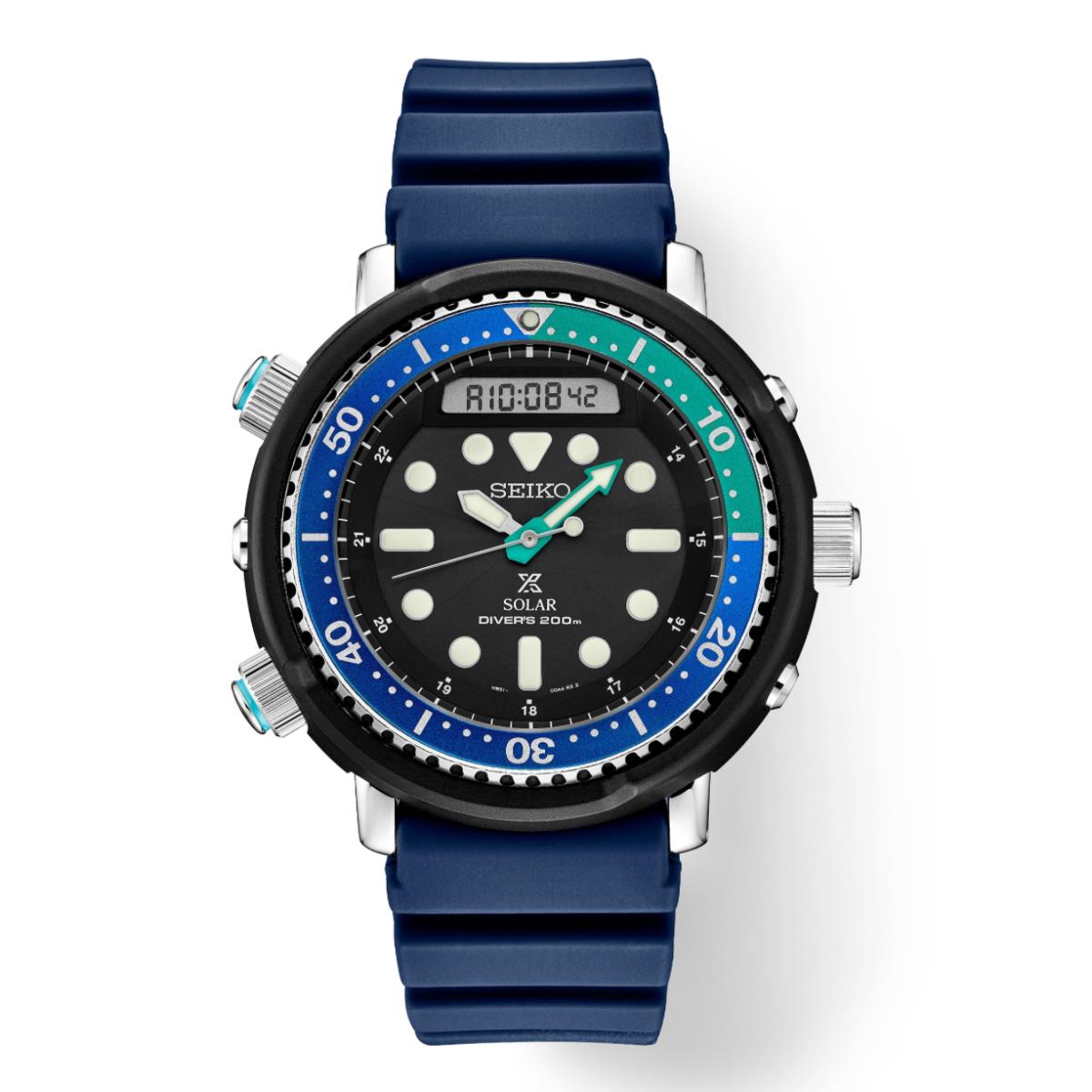 Seiko SNJ039 Prospex Solar Analog-digital Special Edition Diver`s Men`s Watch - Dial: Black, Band: Blue, Bezel: Blue