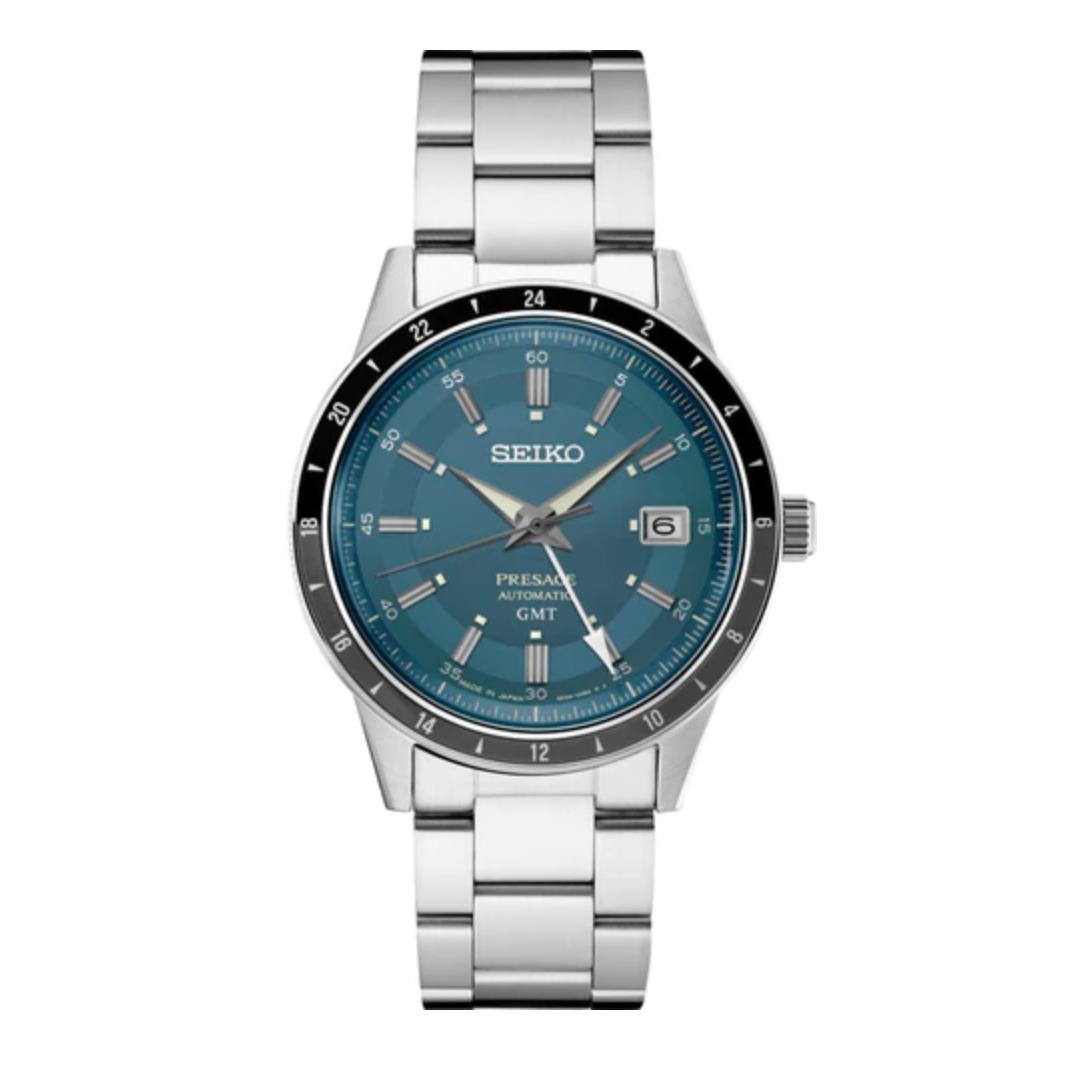 Seiko Men`s Presage Automatic Gmt Blue-grey Dial Steel Band Watch SSK009