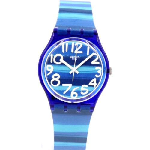 Swiss Swatch Originals Linajola Blue Stripes Gloss Watch 34mm GN237