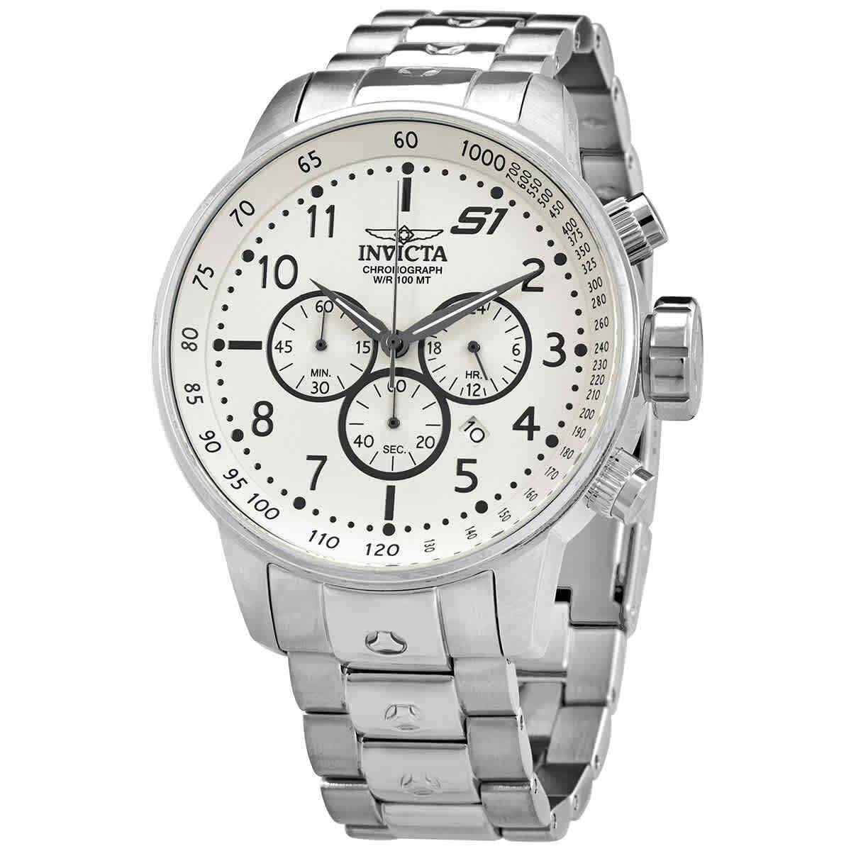 Invicta S1 Rally Chronograph Ivory Dial Men`s Watch 23077 - Dial: Ivory, Band: Silver-tone, Bezel: Silver-tone