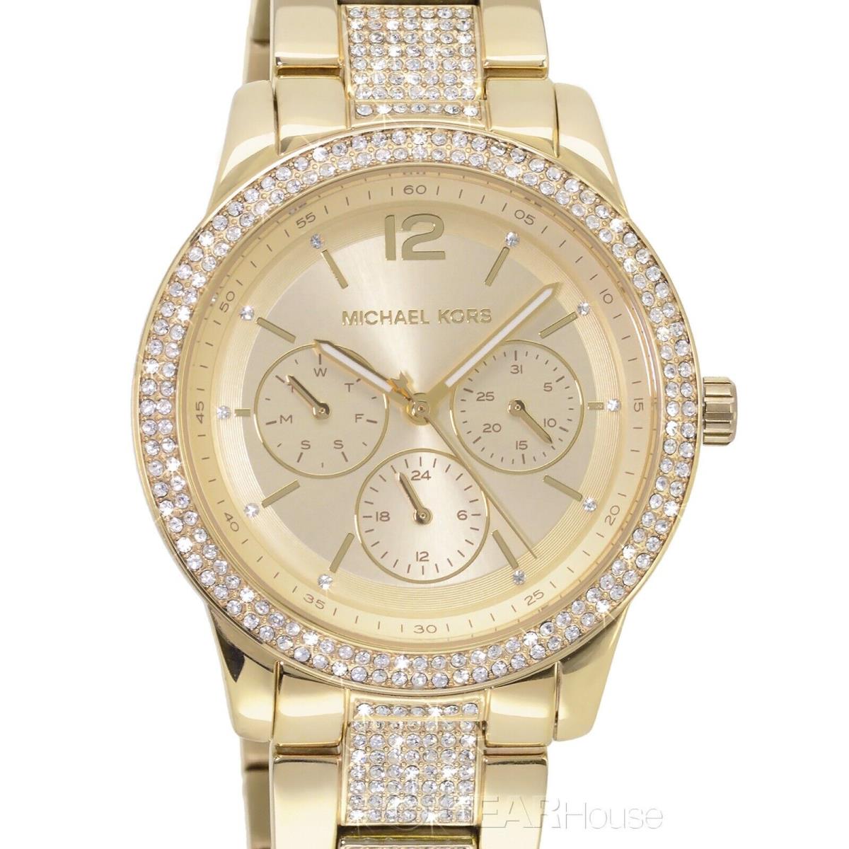 Michael Kors Tibby Womens Glitz Pave Watch Gold Dial Stainless Steel Crystals