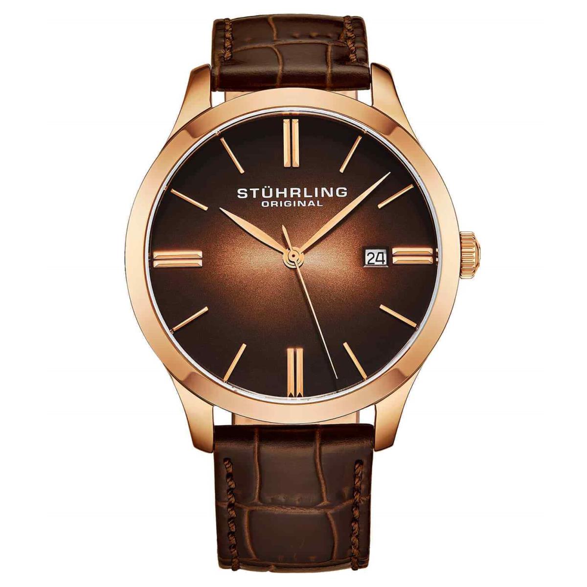 Stuhrling 4014 3 Cuvette II Quartz Date Brown Leather Strap Mens Watch