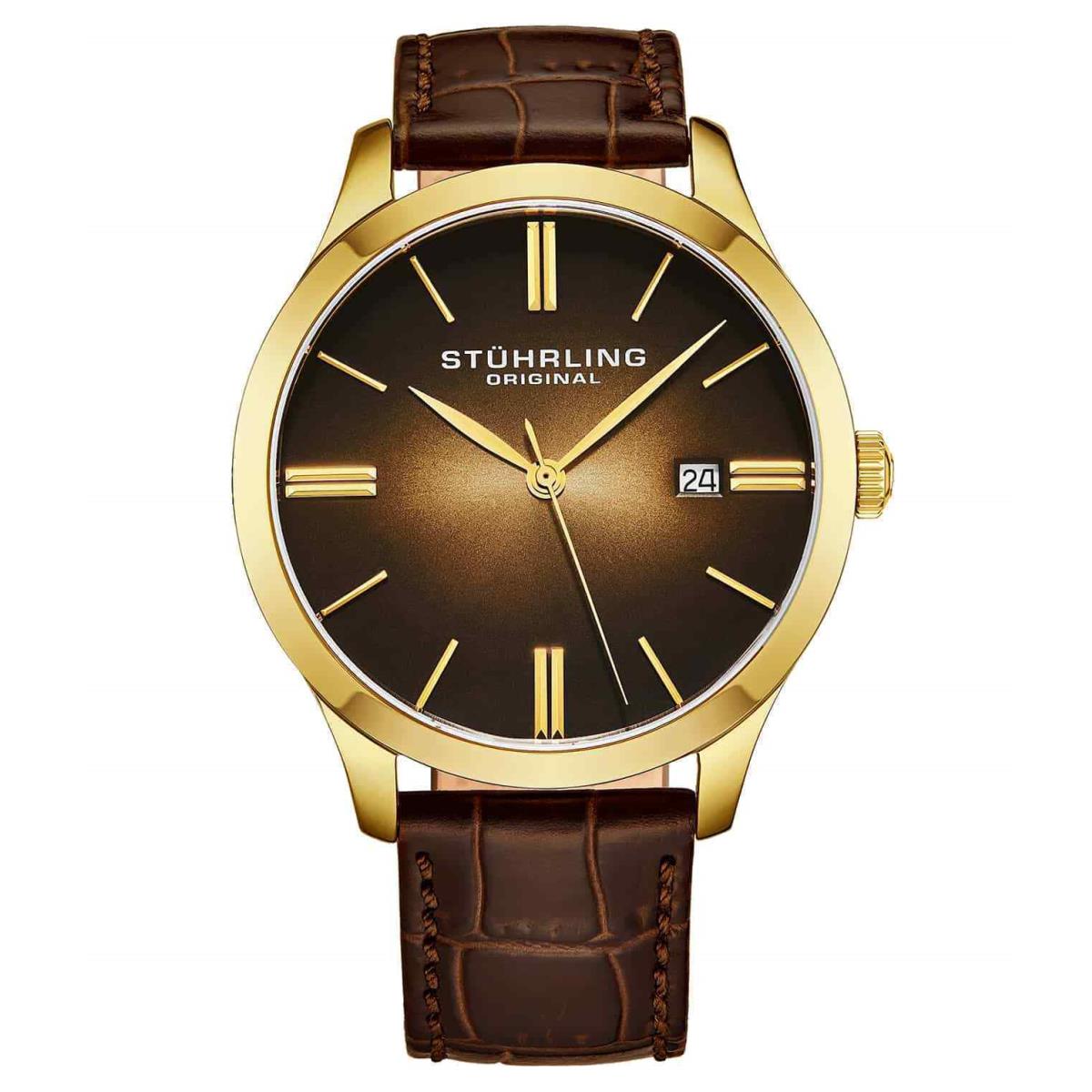 Stuhrling 4014 2 Cuvette II Quartz Date Brown Leather Strap Mens Watch