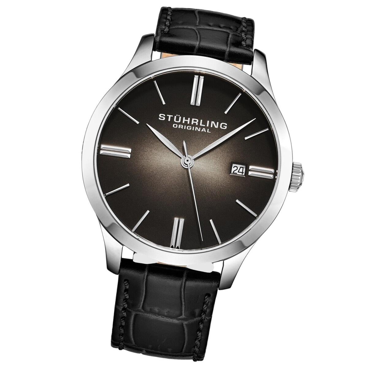 Stuhrling 4014 1 Cuvette II Quartz Date Black Leather Strap Mens Watch