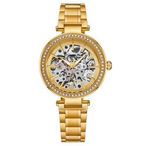 Stuhrling 4039 2 Automatic Skeleton Crystal Accents Stainless Steel Womens Watch - Dial: , Band: Gold