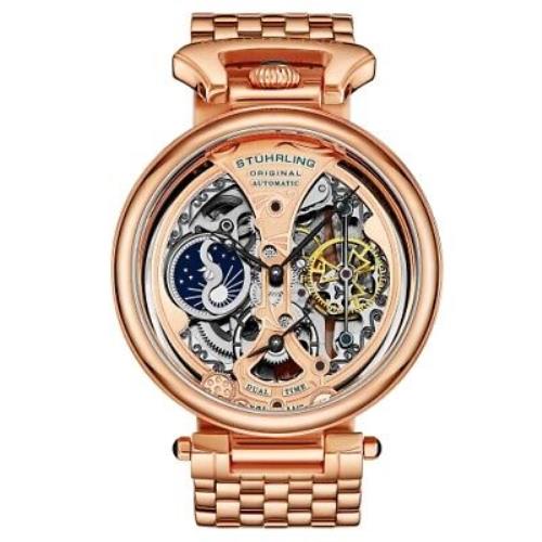 Stuhrling 4003 3 Legacy Automatic Dual Time Am/pm Skeleton Mens Watch - Dial: Rose Gold, Band: Rose Gold