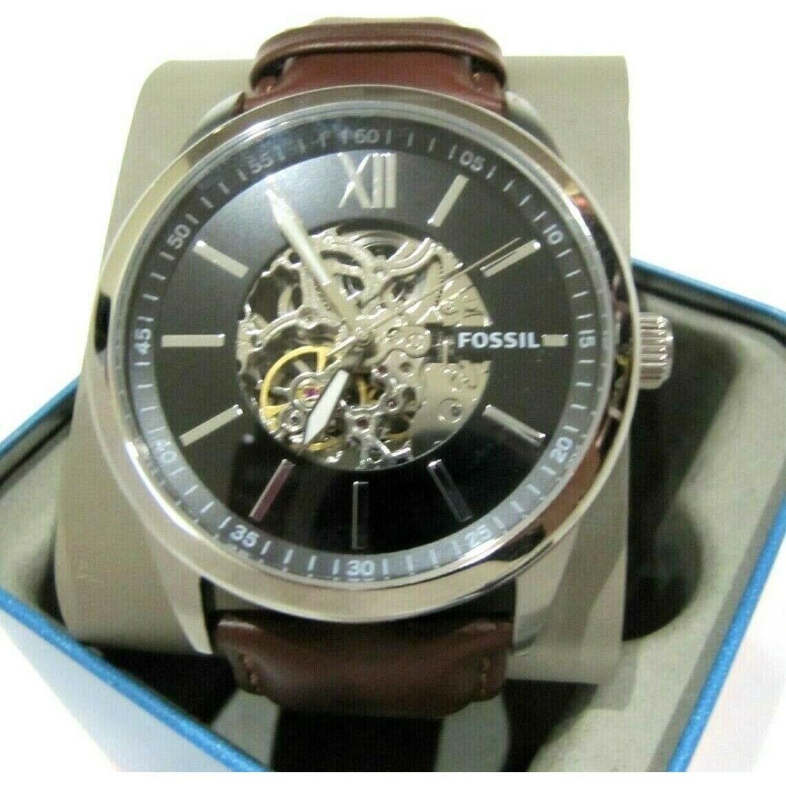 Fossil Men`s Flynn Automatic Watch BQ2386 Black Dial Brown Leather Band