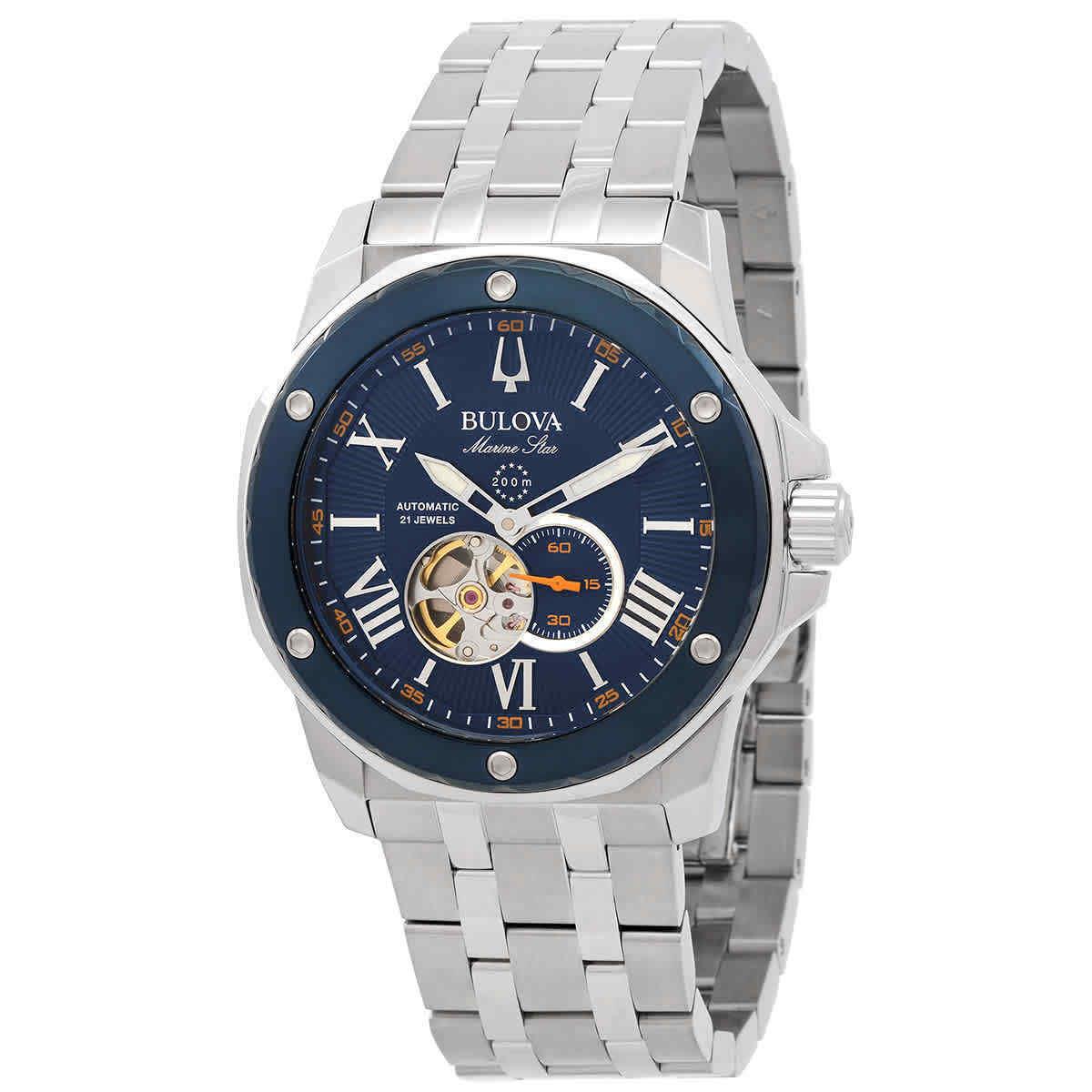 Bulova Marine Star Automatic Blue Dial Men`s Watch 98A302 - Dial: Blue, Band: Silver-tone, Bezel: Silver-tone