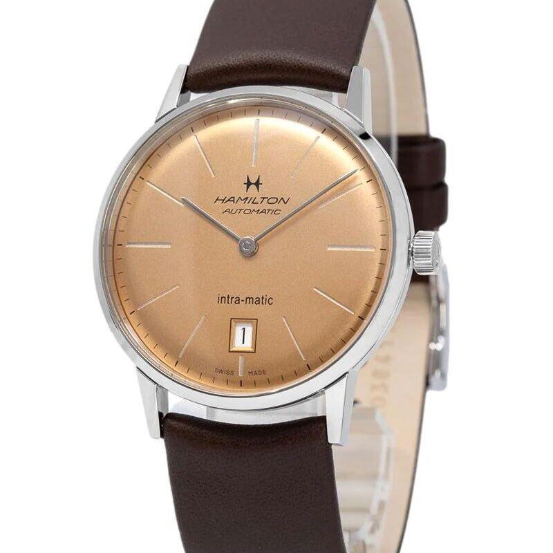 Hamilton American Classic Intra Matic Auto 38mm Gold Dial Men`s Watch H38455501 - Dial: Gold, Band: Brown, Bezel: Silver