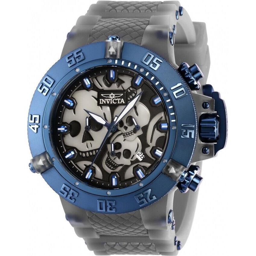 Invicta Subaqua Chronograph Quartz Black Dial Skull Men`s Watch 37329 - Dial: Black (Skull), Band: Grey, Bezel: Dark Blue-plated