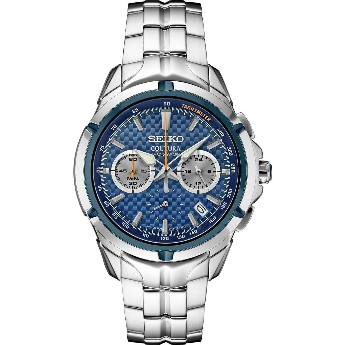 Seiko SSB431 Coutura Chrono Blue Carbon Dial 43mm Steel Quartz 10ATM Men`s Watch - Dial: Blue, Band: Silver, Bezel: Blue