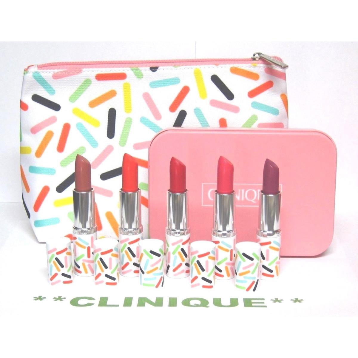 Clinique 7-pc Long Last Lipstick Gift Set in Pink Tin Case w/ Matching Bag