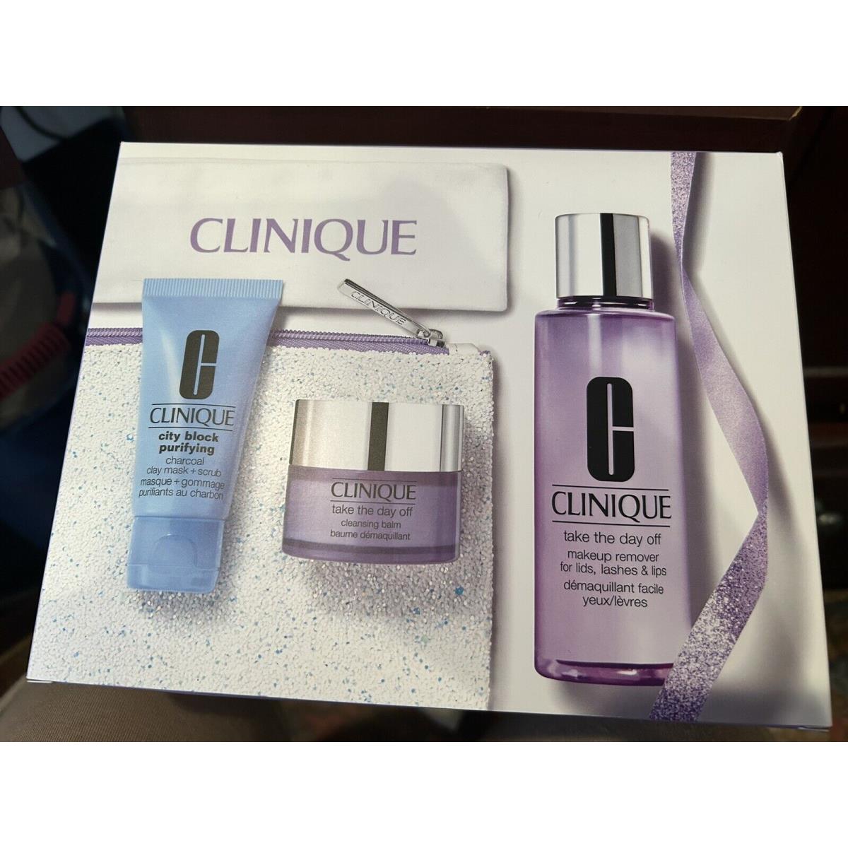 5 Pc Cleansing By Clinique Giftset Sparkle Makeup Bag Cleanser Purifier Remo