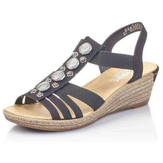 Rieker 624B4-00 Womens Black Embellished Elastic Strap Wedge Heel Sandal Shoes
