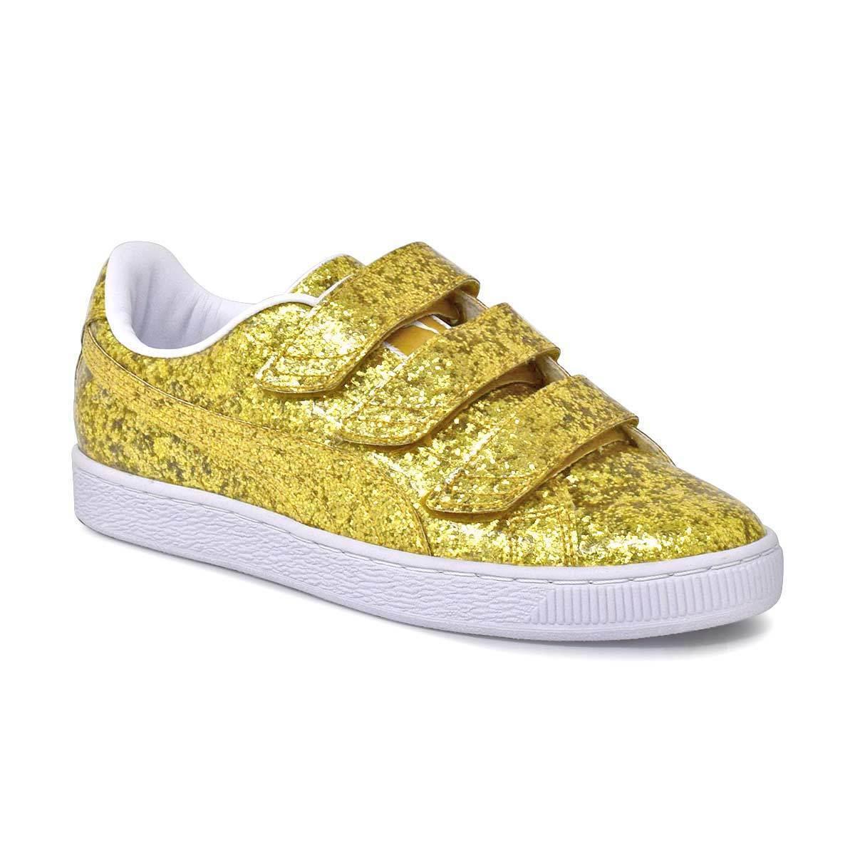 Puma Basket Strap Glitter 364070 02 Women`s Gold Low Top Sneakers Shoes C2065 4.5