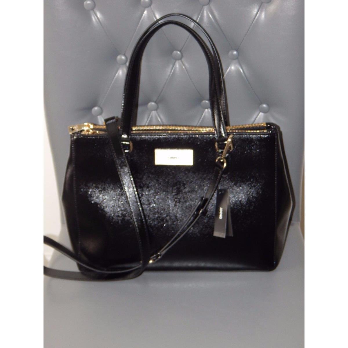 Dkny Saffiano Leather Black Satchel Double Zipper Three Compartments