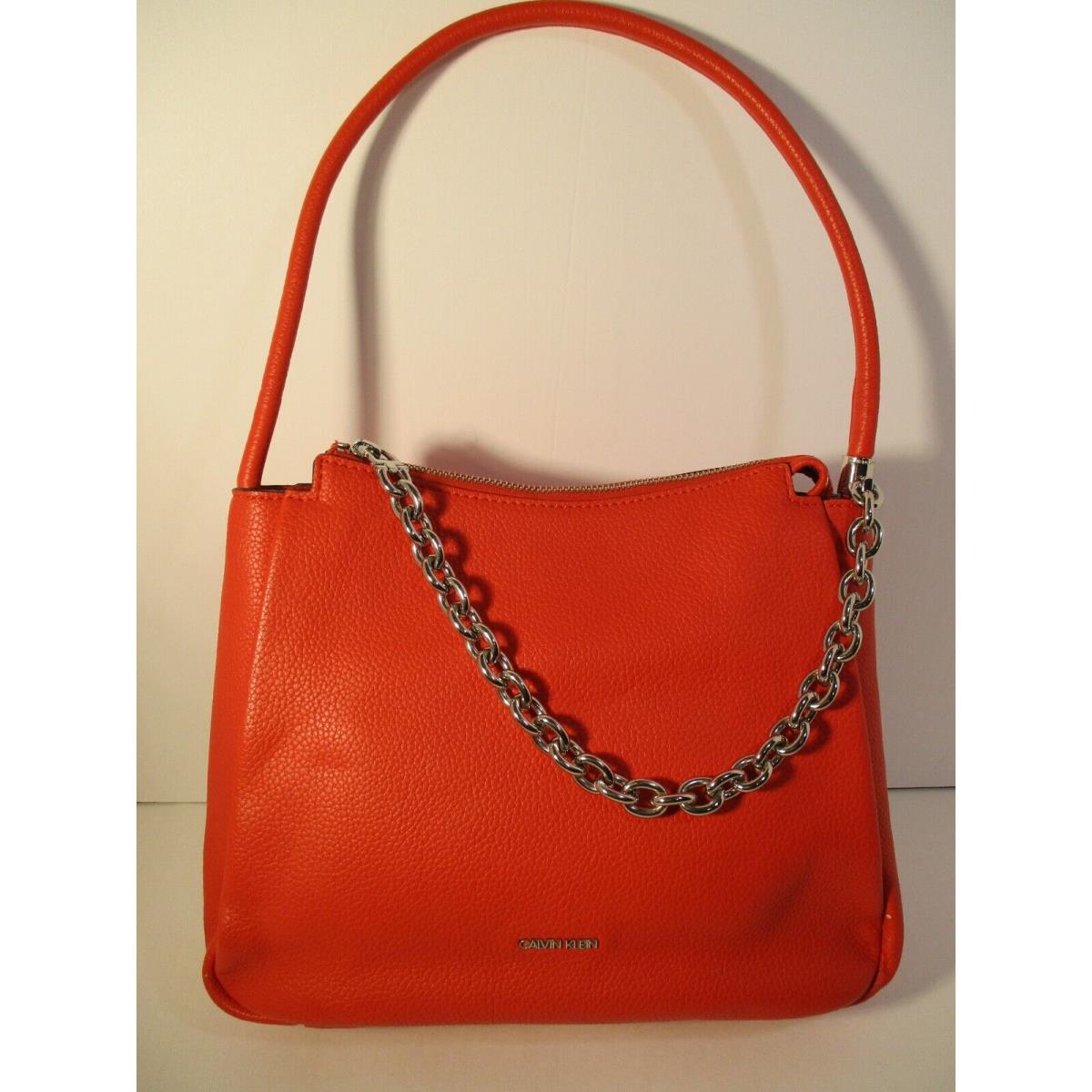 Calvin Klein Hobo Shoulder-bag Red Pebble Leather Silver Chain Top Zip Tote