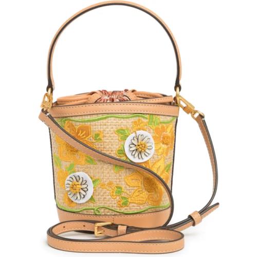 Tory Burch Robinson Embroidered Straw Bucket Bag in Natural