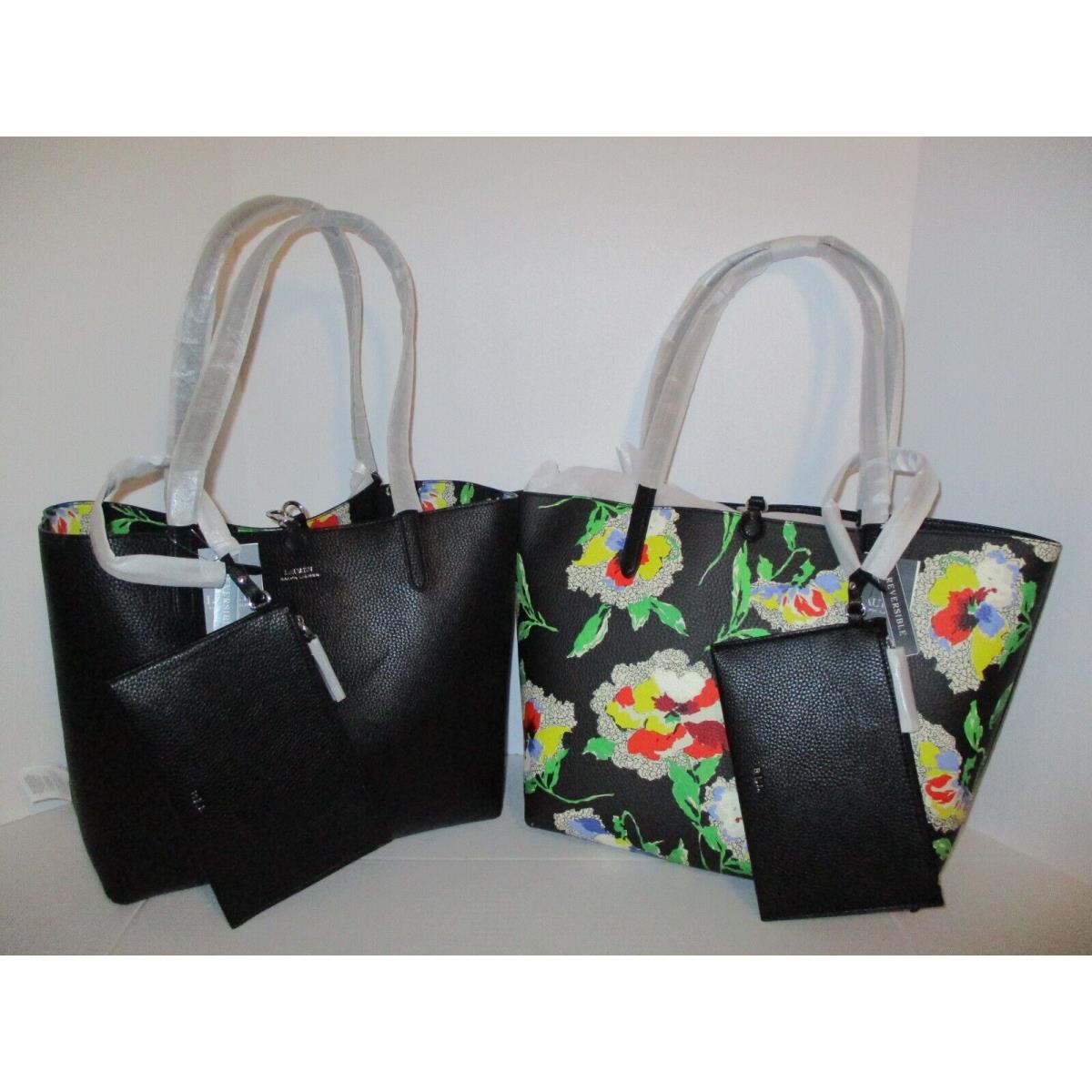 Ralph Lauren Reversible XL Tote Shoulder-bag with Wristlet Black /floral Leather