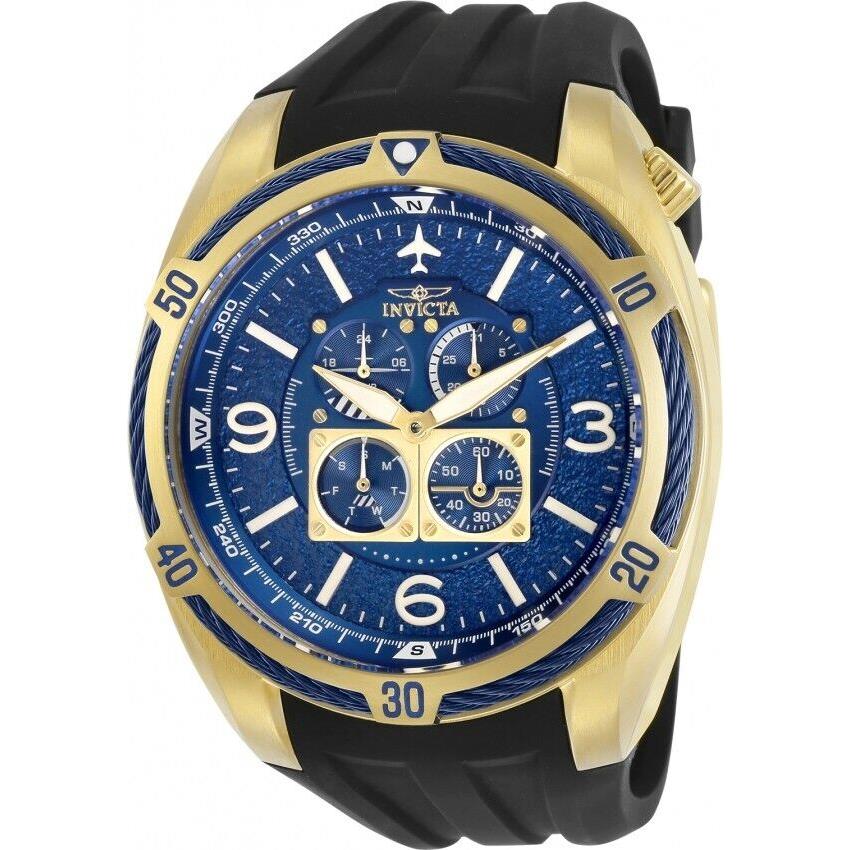 Invicta Aviator Men`s Watch Blue Dial with Black Strap 30487 - Dial: Blue, Band: Black, Bezel: Gold