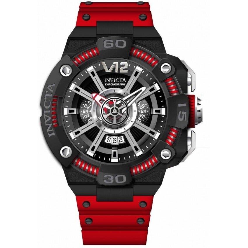 Invicta 37655 S1 Rally Dual Time Watch Black Dial Steel Analog Gmt 58MM - Dial: Black, Band: Red, Bezel: Black