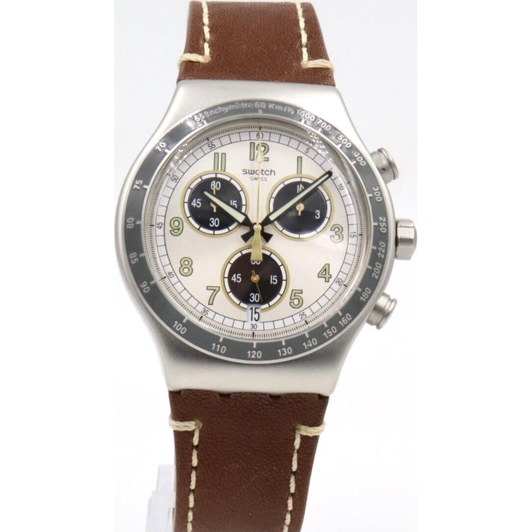 Swiss Swatch Irony Rhum Chronograph Brown Leather Men Watch 45mm YVS455