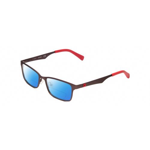 Guess GU9143 Unisex Designer Polarized Bifocal Sunglass in Bronze Brown Red 48mm Blue Mirror