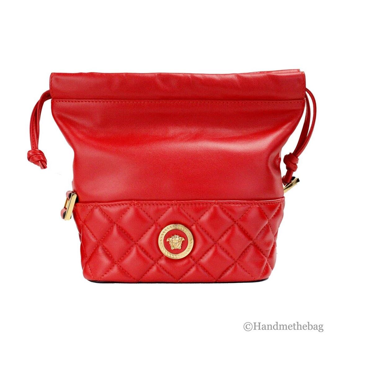 Versace Red Quilted Leather Drawstring Shoulder Bag Bucket Crossbody Handbag