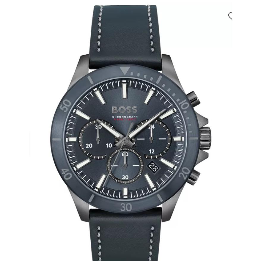 Hugo Boss Men`s Troper Quartz Chronograph Blue Leather Strap Watch 1514056