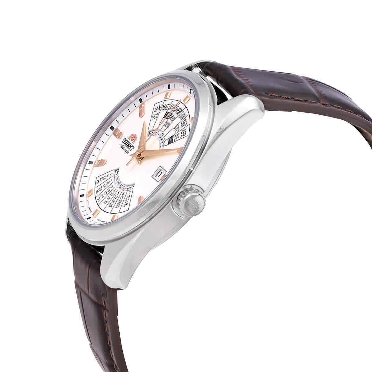 Orient Multi Year Automatic White Dial Men`s Watch RA-BA0005S10B - Dial: White, Band: Brown, Bezel: Silver-tone