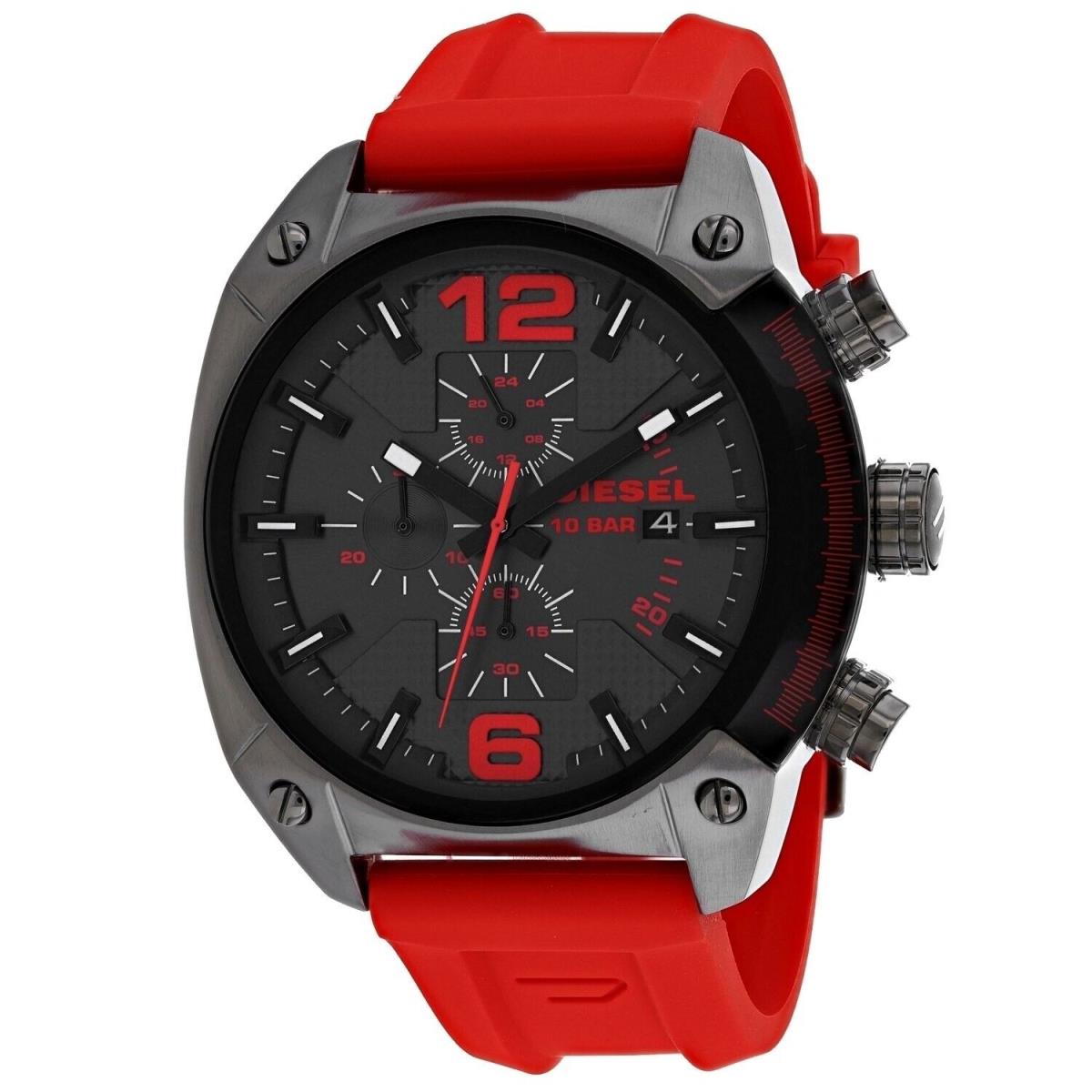 Diesel Overflow Men`s Red Silicone Gunmetal Stainless Chronograph Watch DZ4481