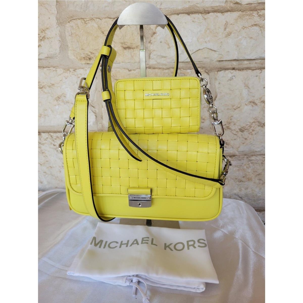 Michael Kors Bradshaw Woven Leather X-body/handbag or Set Rare Bright Limelight Bag+Wallet SET Matching Woven Leather New, Unique