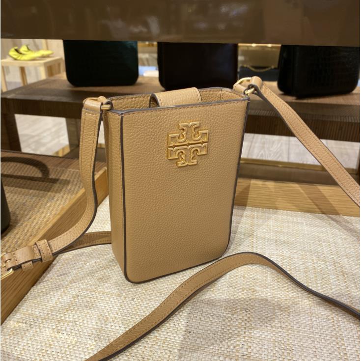 Tory Burch Britten Pebble Leather Phone Crossbody Bag Tan