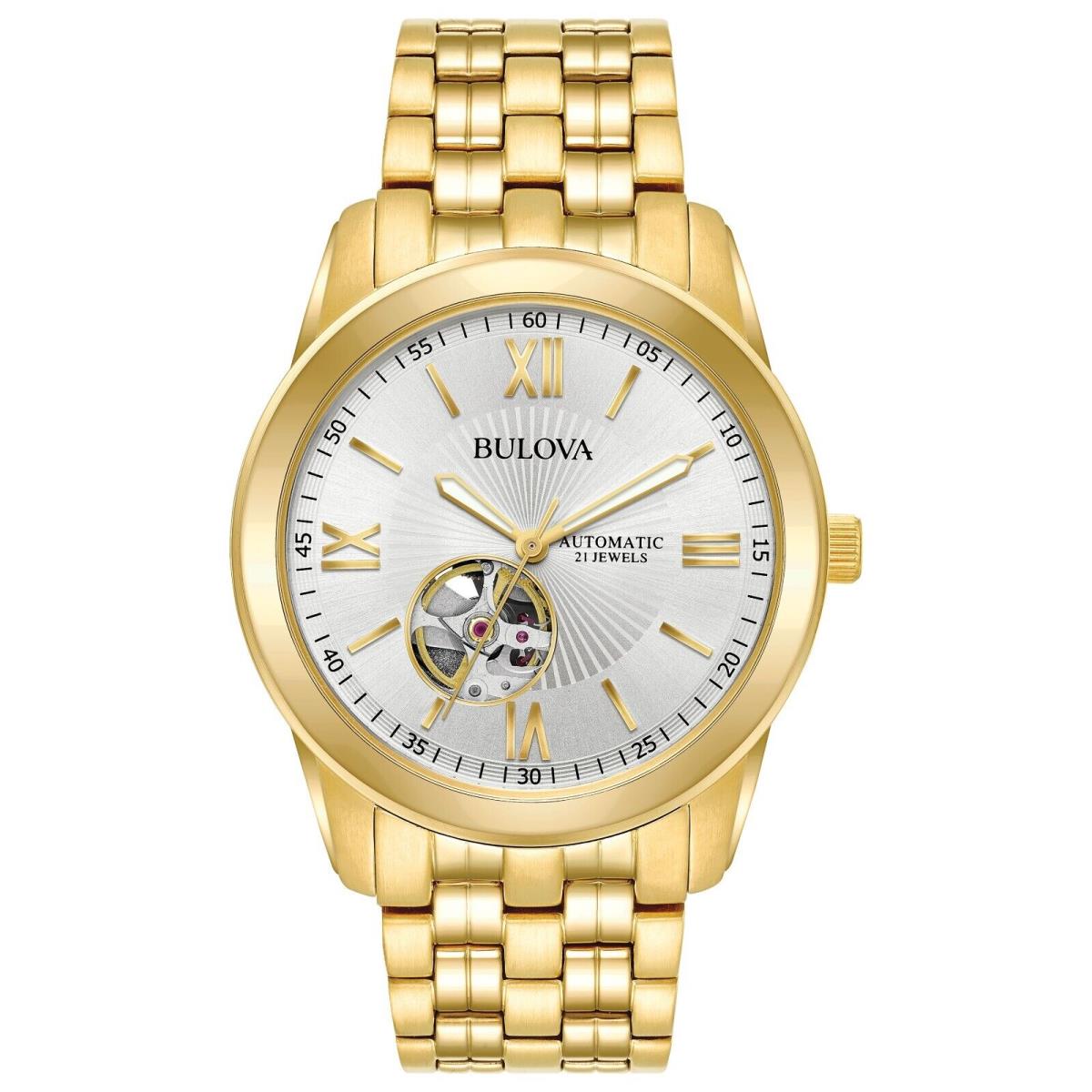 Bulova Men`s Classic Automatic Open Aperture Gold Tone Watch 42MM 97A130 - Dial: Silver, Band: Silver