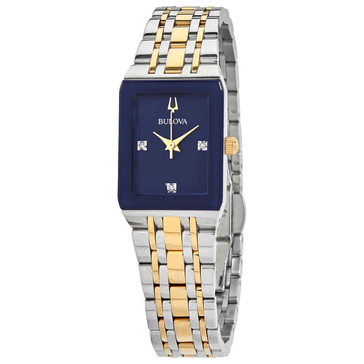 Bulova Quadra Quartz Blue Dial Ladies Watch 98P177 - Dial: Blue, Band: Silver, Gold, Bezel: Blue