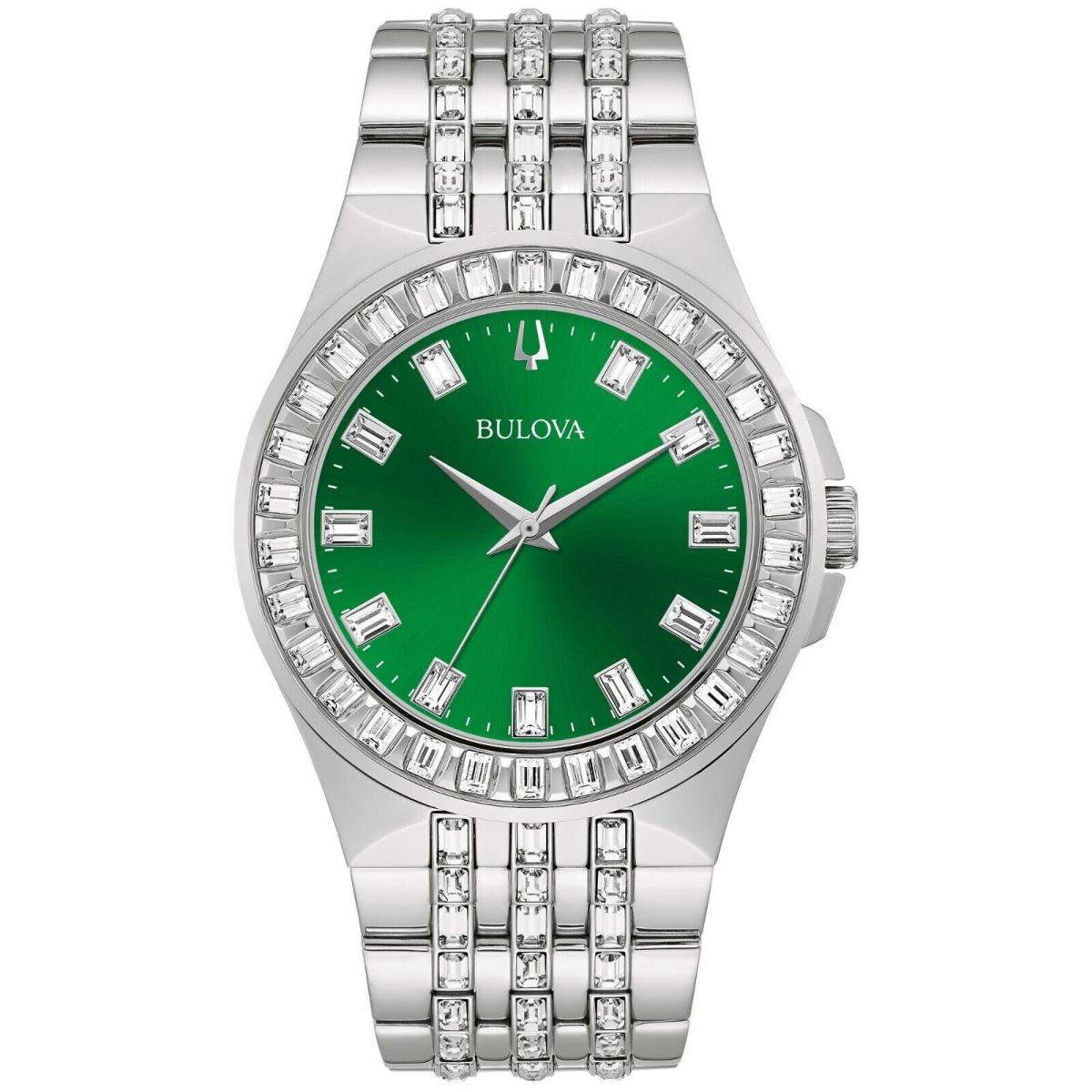 Bulova Men Phantom Quartz Green Silver Stainless Steel Crystal Watch 42MM 96A253 - Dial: Green, Band: Silver, Bezel: Silver