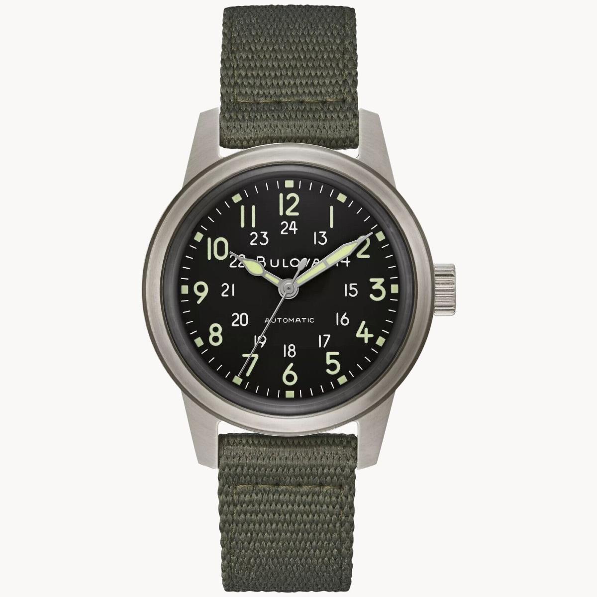 Bulova 96A259 Men`s Hack Military Green Fabric Band Black Dial Automatic Watch